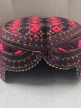 Sindhi Hat Cultural Cap Round Embroidered Handmade Red/Maroon Front Cut Hat